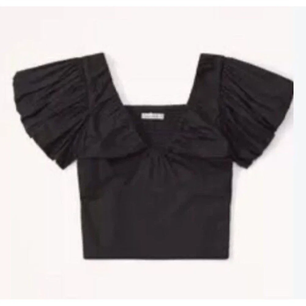 Abercrombie & Fitch Black Puff Sleeve Babydoll Top L Cropped Smocked Coquette